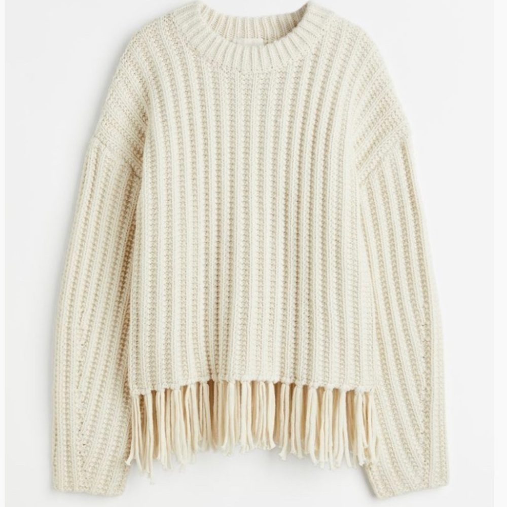 H&M NWT Winter White Fringed Wool Blend Sweater Neutral Winter Sz S